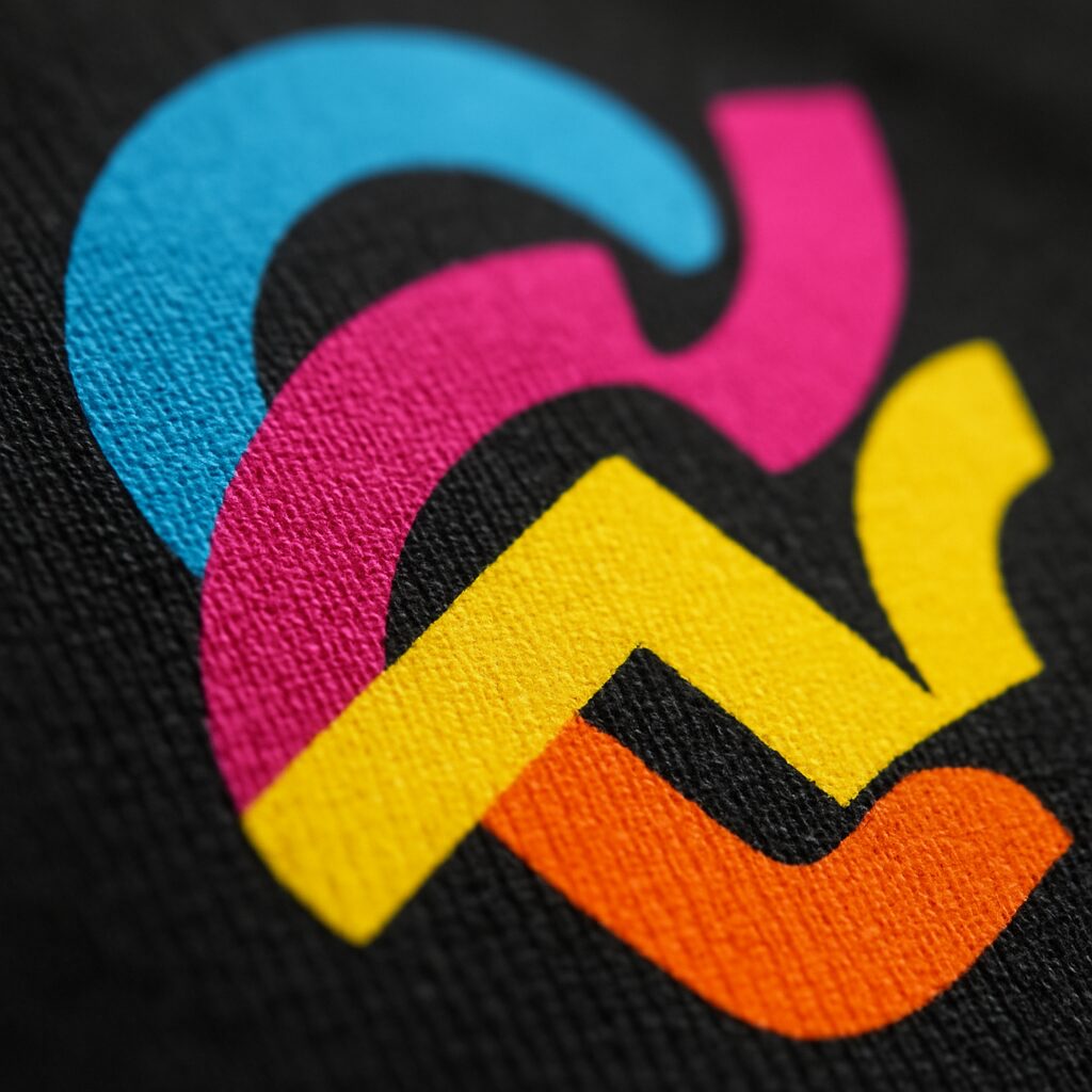 Close-up of vibrant custom print on a dark t-shirt showing sharp detail and colour quality
