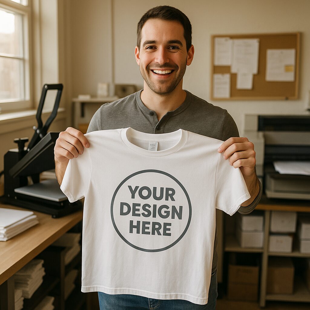 Philippe Allaire holding a freshly printed custom shirt at the Printify Apparel shop in Camrose