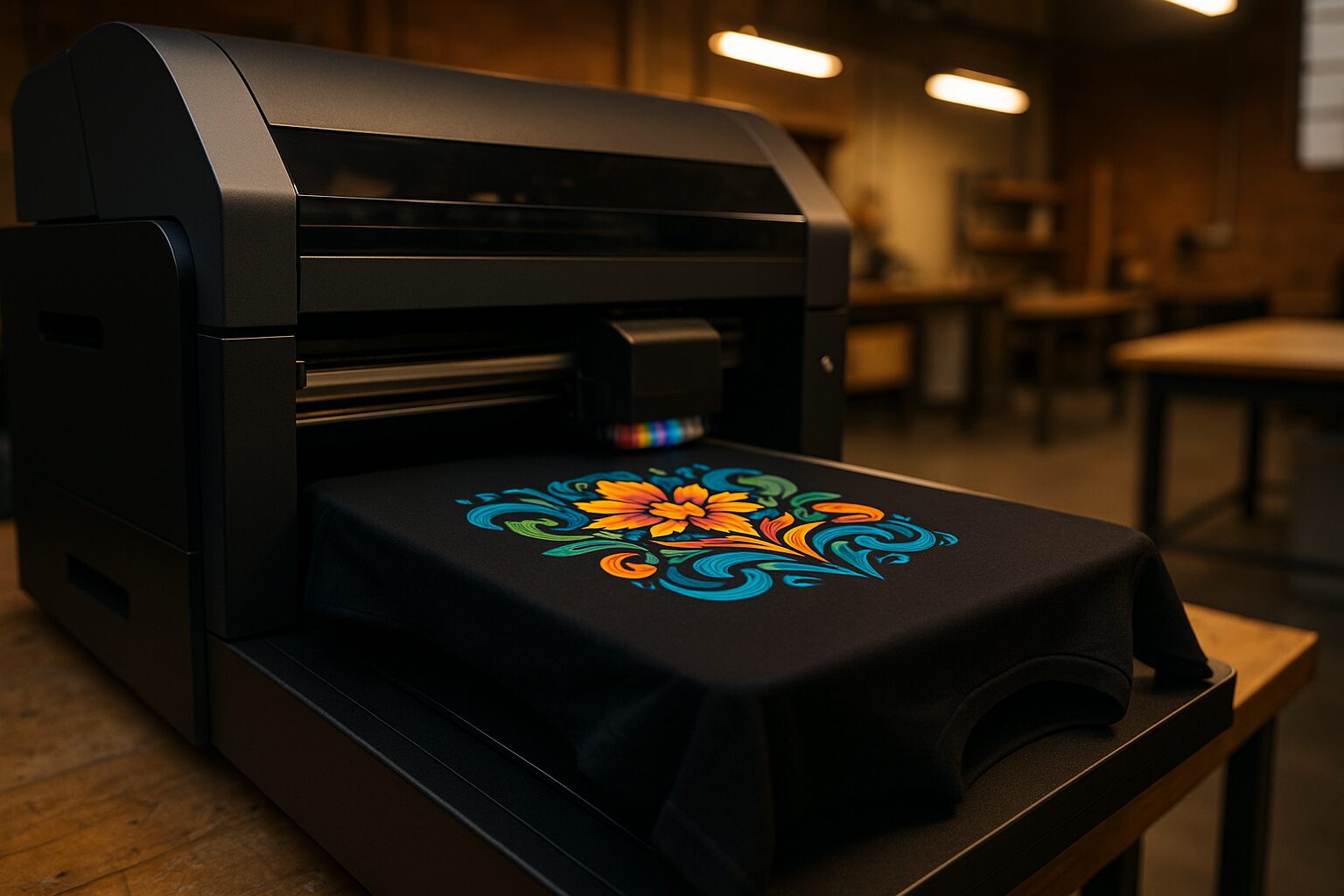 Prestige R2 Pro DTG printer printing a custom shirt in the Printify Apparel Camrose shop
